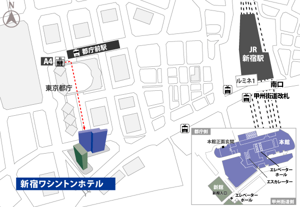 新宿ワシントンホテル周辺地図(都営大江戸線都庁前駅地下ルート)